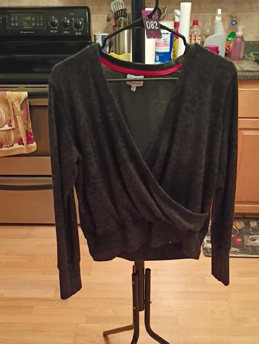 Sundry Dark Gray Leopard Print Long Sleeve Wrap Top with Pink Trim
